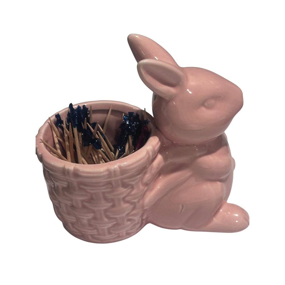 Pink Rabbit Egg Basket Tooth Pick Holder Pin Cushion CeramicFigurine Easter 5”